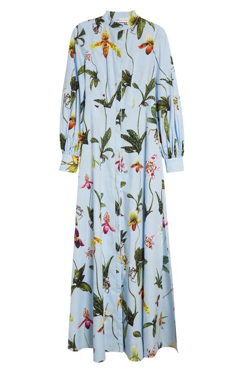 Shop Oscar De La Renta Orchid Print Long Sleeve Shirtdress In Light Blue Multi