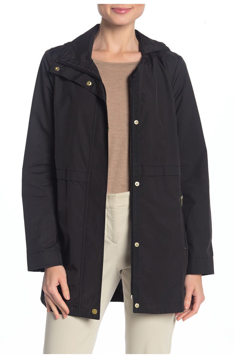 COLE HAAN Packable Hooded Rain Jacket, Main, color, BLACK