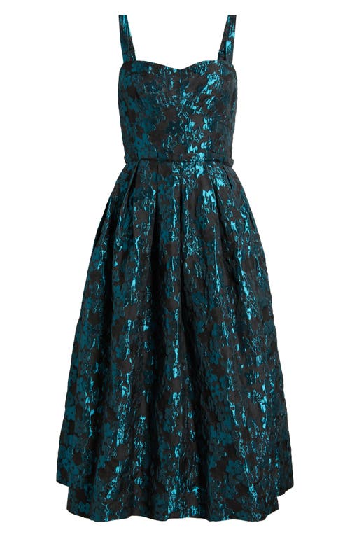 Shop Mila Mae Metallic Floral Jacquard Midi Dress In Black Teal