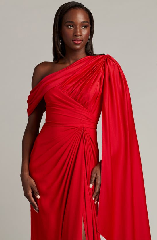 Tadashi Shoji One Shoulder Draped Sleeve Red Gown In Lava Red