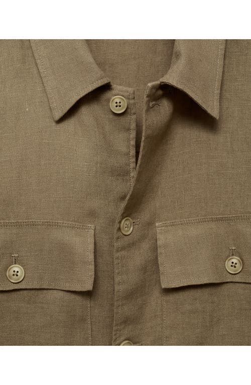 Shop Mango Linen Button-up Shirt Jacket In Khaki Green