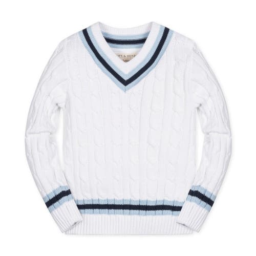 Hope & Henry Boys' Organic Long Sleeve V-neck Cricket Jumper, Kids In White With Classic Blue