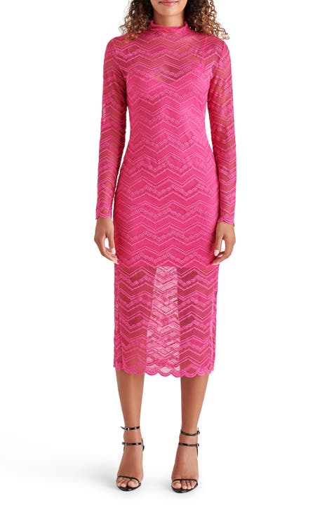 Pink Lace Trumpet Midi Dress | Womens | Small (also in XS, M, L, XL) | 100% Polyester | Lulus | Cocktail Dresses | Holiday Dresses | Barbiecore