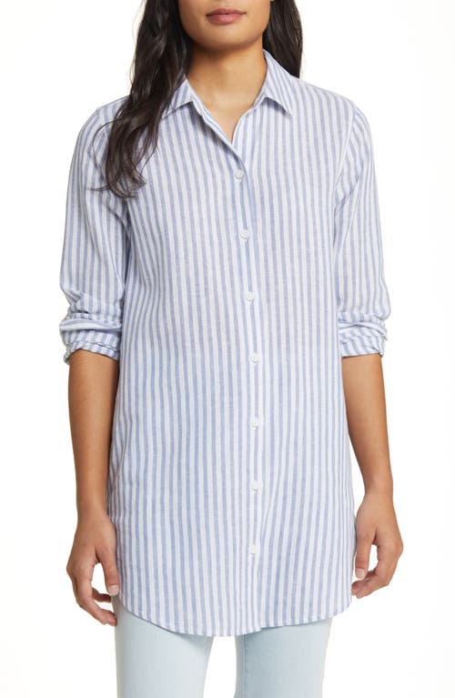 beachlunchlounge Rory Stripe Linen & Cotton Button-Up Tunic Top Misty Lines at Nordstrom,