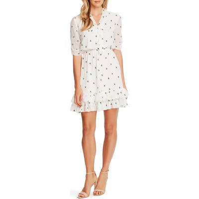 Cece Floral Embroidery Tie Neck A-Line Dress, Ivory