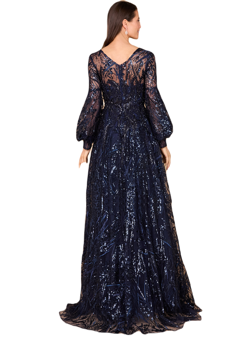 Lara New York V Neckline Long Sleeve Gown In Navy