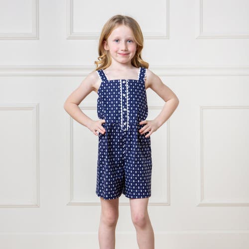 Shop Hope & Henry Girls' Scallop Trim Button Front Linen Romper, Kids In Navy Riviera Print