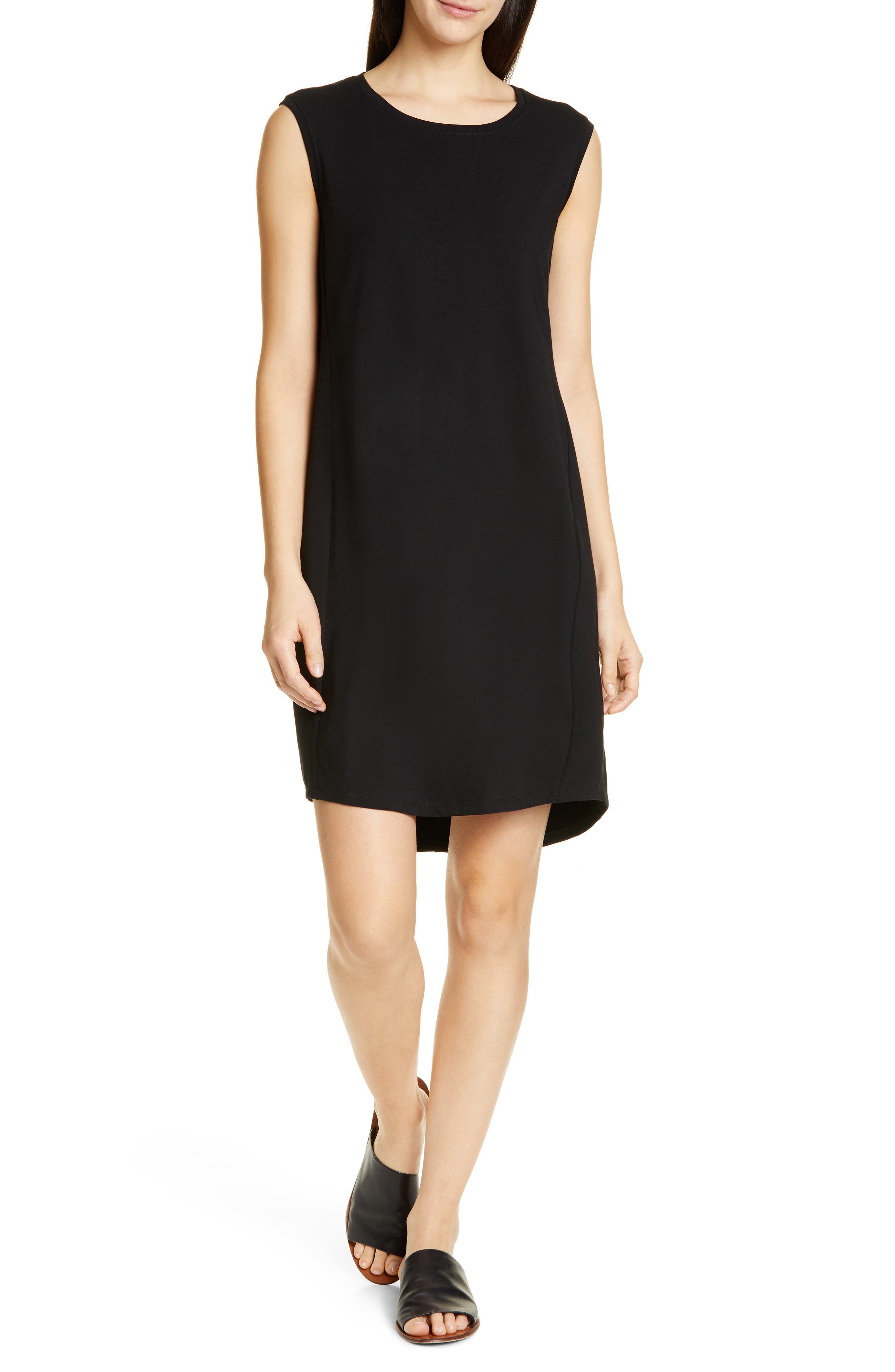 Petite Eileen Fisher Scoop Neck Sleeveless Dress, Black
