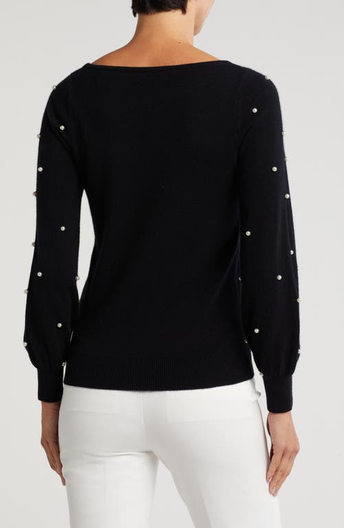 Sofia Cashmere Boat Neck Pearl Sleeve Cashmere Sweater In Black