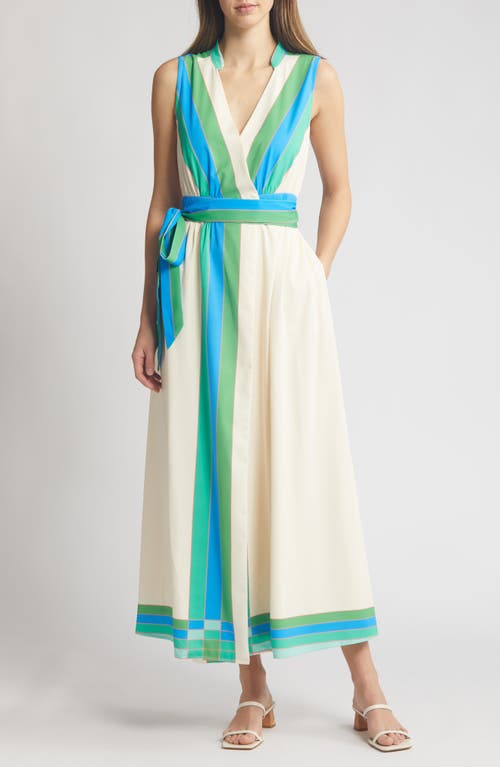 Carmine Tie Belt Sleeveless Maxi Wrap Dress in Ivory/Green Multi