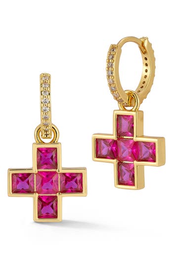 Sphera Milano Cubic Zirconia Cross Drop Huggie Hoop Earrings In Gold