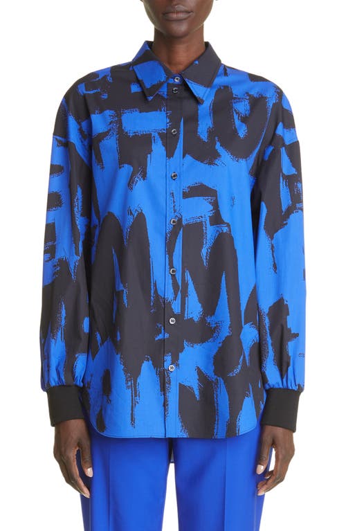 Alexander McQueen Graffiti Print Cotton Poplin Shirt in Electric Blue-Black