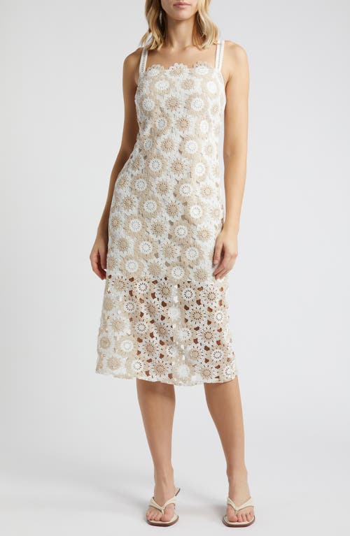 Two-Tone Crochet Midi Dress in White/Natural