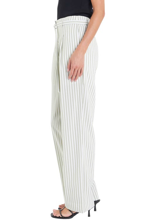 Shop English Factory Stripe Belted High Waist Pants In Off White/green