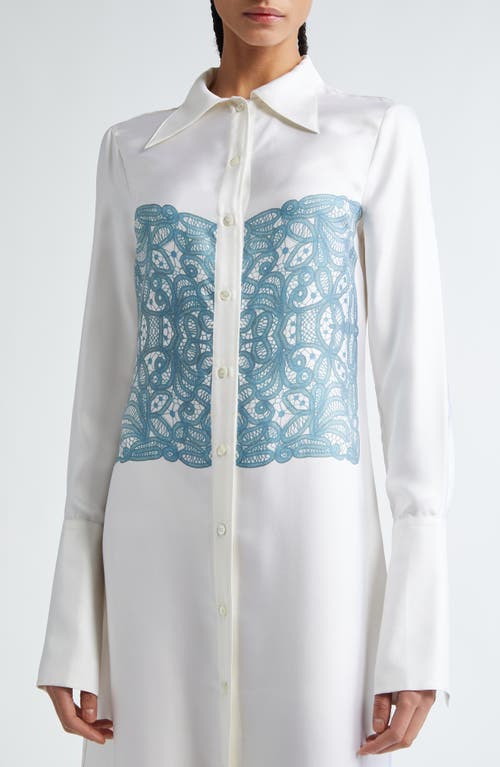 Shop Bite Studios Ålv Lace Print Long Sleeve Organic Silk Shirtdress In Off White