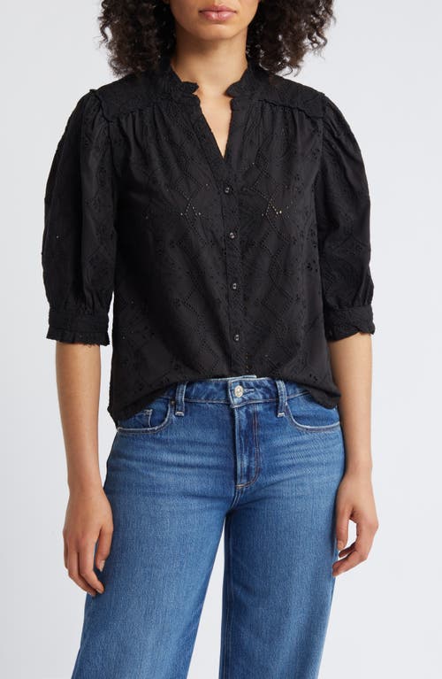 Embroidered Eyelet Button-Up Shirt in Black