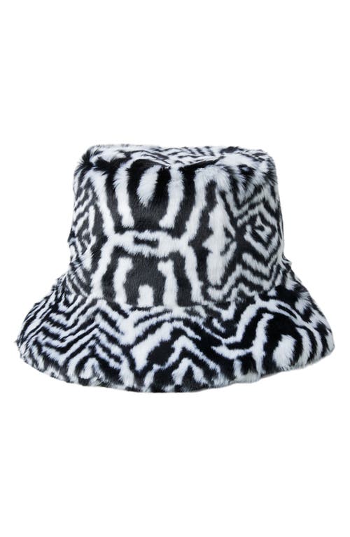 LITA by Ciara Recycled Polyester Faux Fur Bucket Hat in White Black Abstract Safari