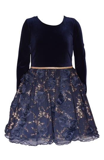 Bonnie Jean Kids' Foiled Mixed Media Ballerina Dress In Navy