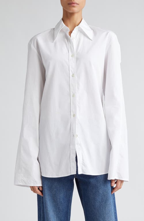 Fluted Sleeve Organic Cotton Poplin Button-Up Shirt in White