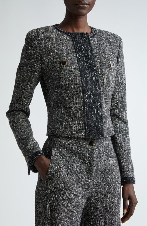 Shop St John St. John Collection Lightweight Knit Tweed Crop Jacket In Black/chalk Multi