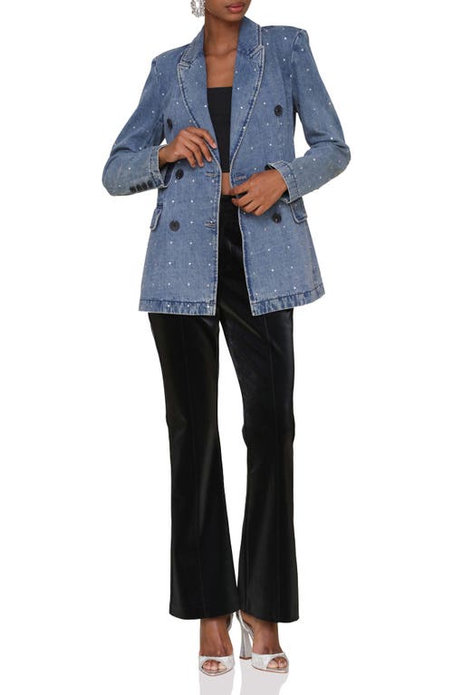 Avec Les Filles Double Breasted Denim Blazer In Med Blue With Rhinestones