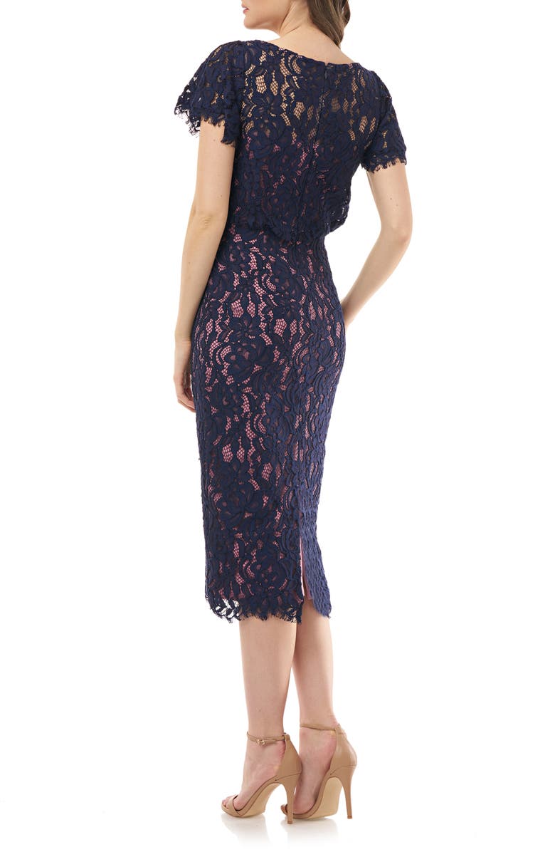 JS COLLECTIONS Embroidered Lace Blouson Cocktail Dress, Alternate, color, NAVY ROSE