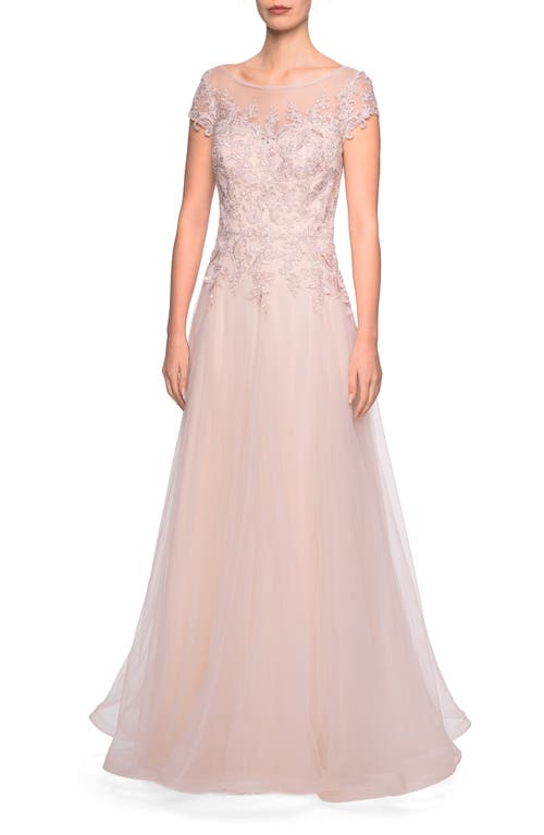 La Femme Tulle A-Line Evening Gown in Light Blush