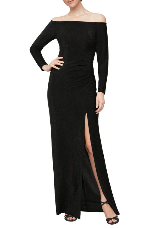 Alex & Eve Off the Shoulder Long Sleeve Glitter Knit Gown in Black