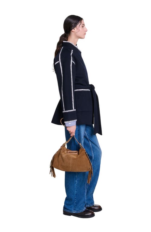 Shop Maje Double-faced Coat In Navy/white