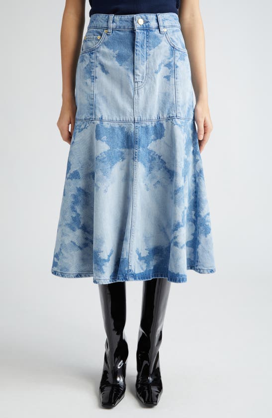 Ganni Bleached Denim Midi Skirt In Light Blue Stone
