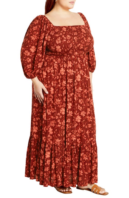 City Chic Kaylee Floral Smocked Bodice Maxi Dress In Rust Floral