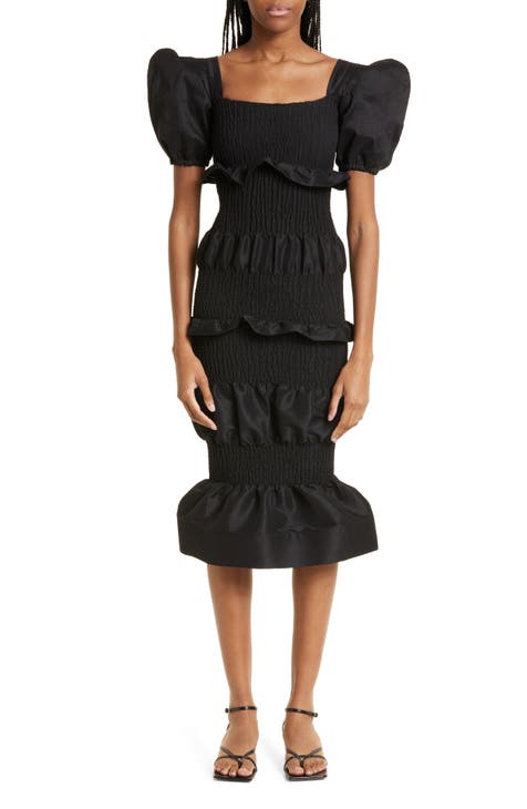 100% Silk Taffeta Cocktail Dress - Calf Length, Full Angle Pleated Skirt &  Short Sleeve