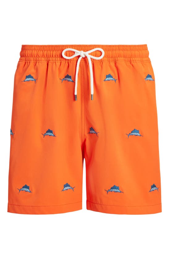 Shop Polo Ralph Lauren Traveler Swim Trunks In Sailing Orange W/ Aoe