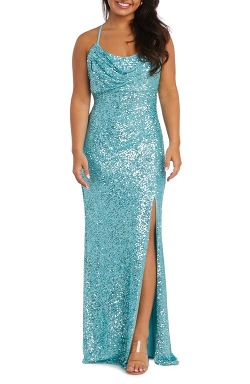 Cowl Neck Sequin Crossback Body-Con Gown in Teal