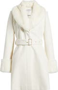 Via Spiga Belted Wool Blend Coat with Faux Fur Trim