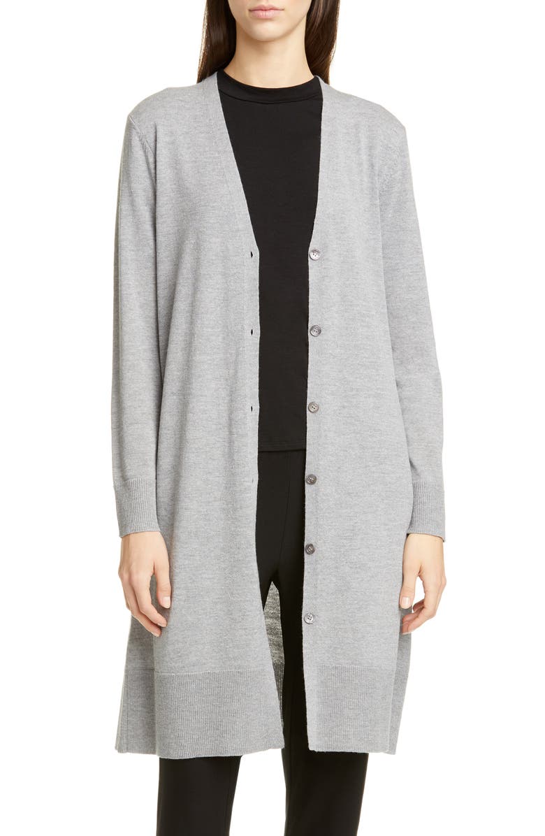 EILEEN FISHER Long Wool Cardigan, Main, color, PEWTER