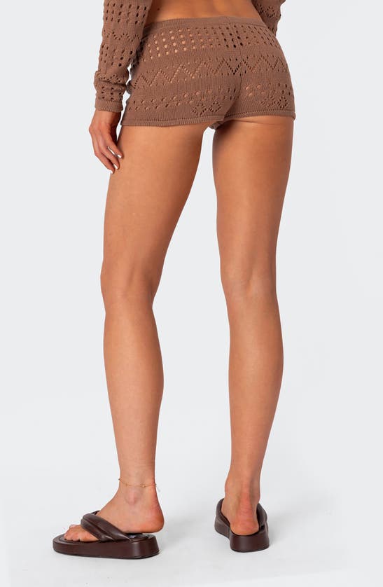 Shop Edikted Betsy Open Stitch Tie Front Sweater Shorts In Brown