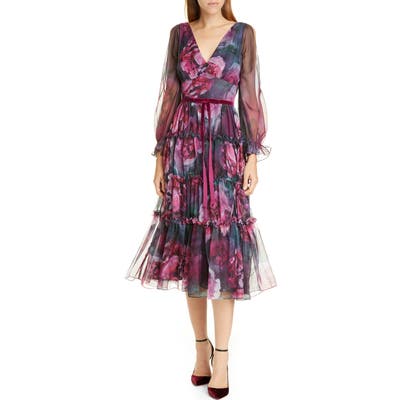 Marchesa Notte Floral V-Neck Long Sleeve Chiffon Midi Dress, Purple