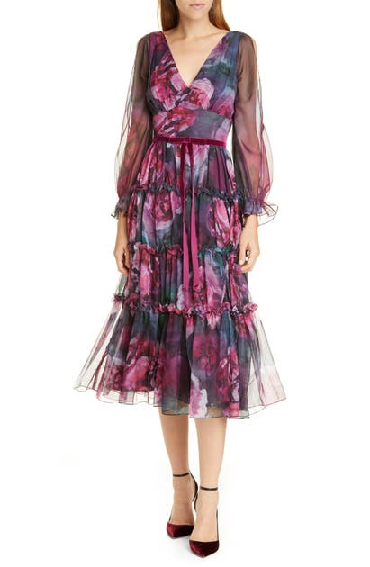 Marchesa Notte Floral V-Neck Long Sleeve Chiffon Midi Dress In Plum ...