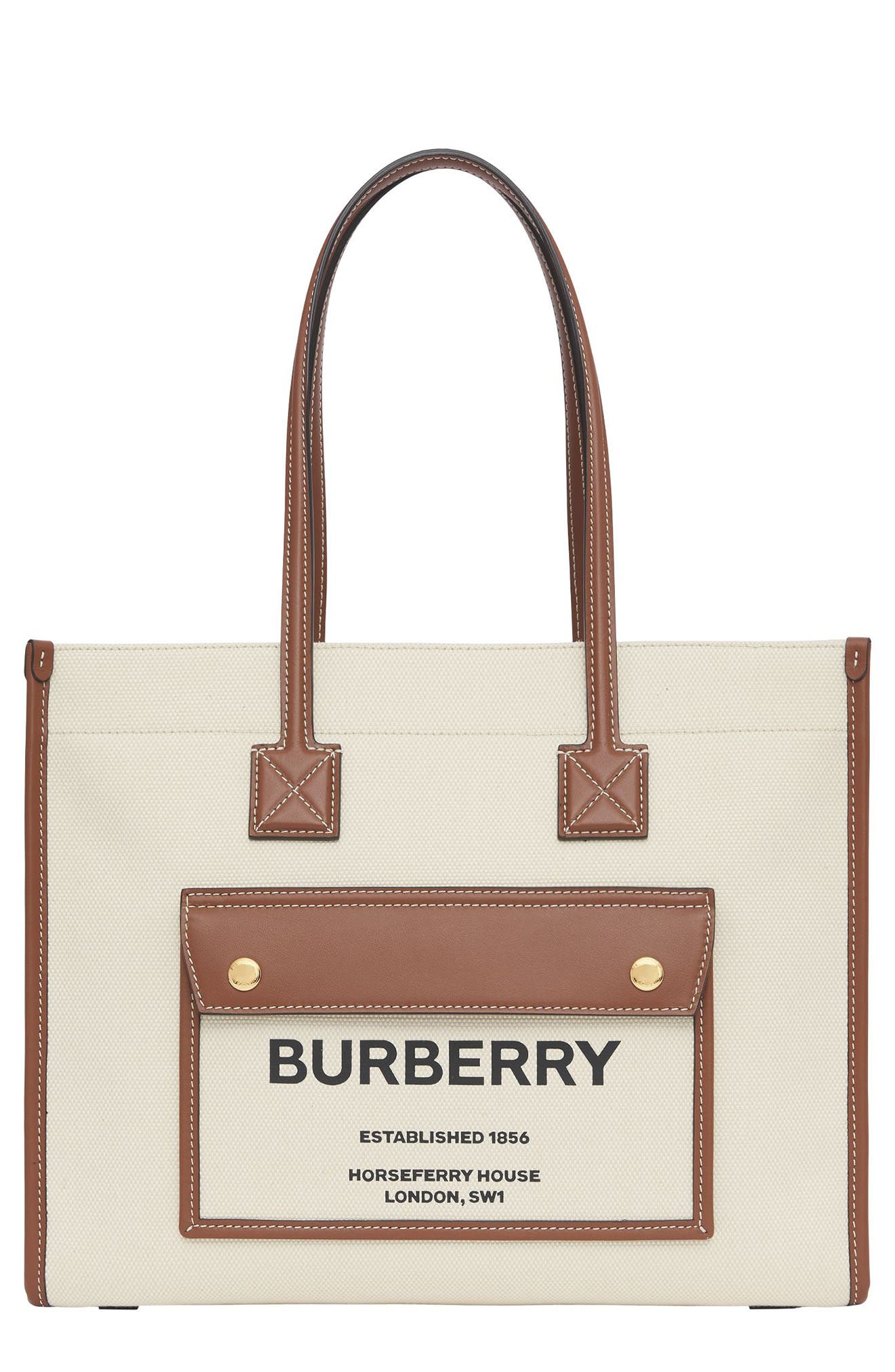 Burberry Small Freya Horseferry Logo Canvas & Leather Tote in Natural/Tan at Nordstrom