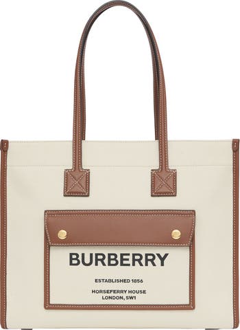 Burberry Small Pocket White And Brown Canvas And Leather Tote Bag New