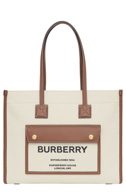 Burberry Small Freya Horseferry Logo Canvas & Leather Tote In Natural/tan