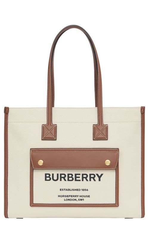 Shop Burberry Small Freya Horseferry Logo Canvas & Leather Tote In Natural/tan