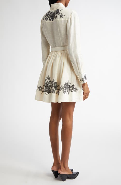 Zimmermann Floral Embroidered Belted Long Sleeve Linen Shirtdress In Cream Floral