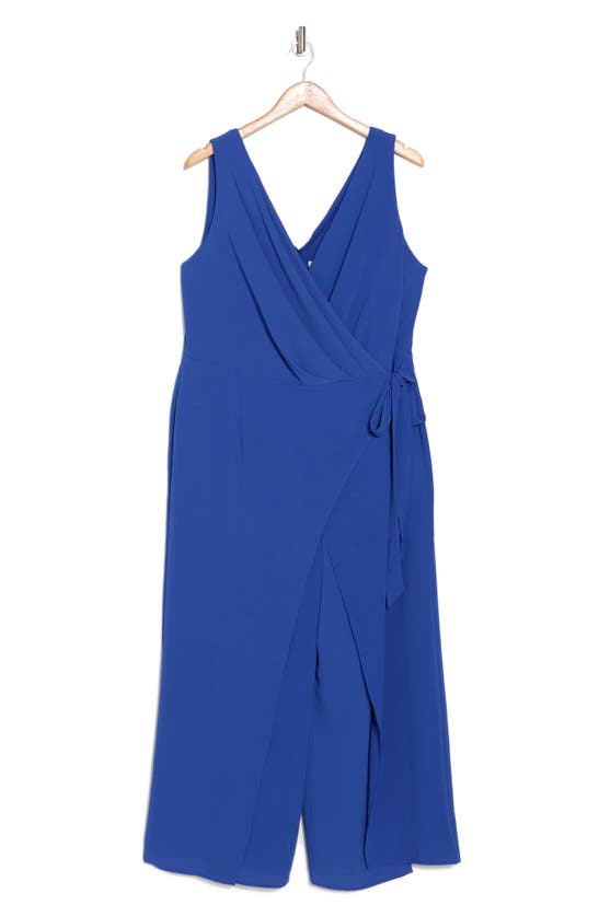 London Times Sleeveless Faux Wrap Jumpsuit In Blue