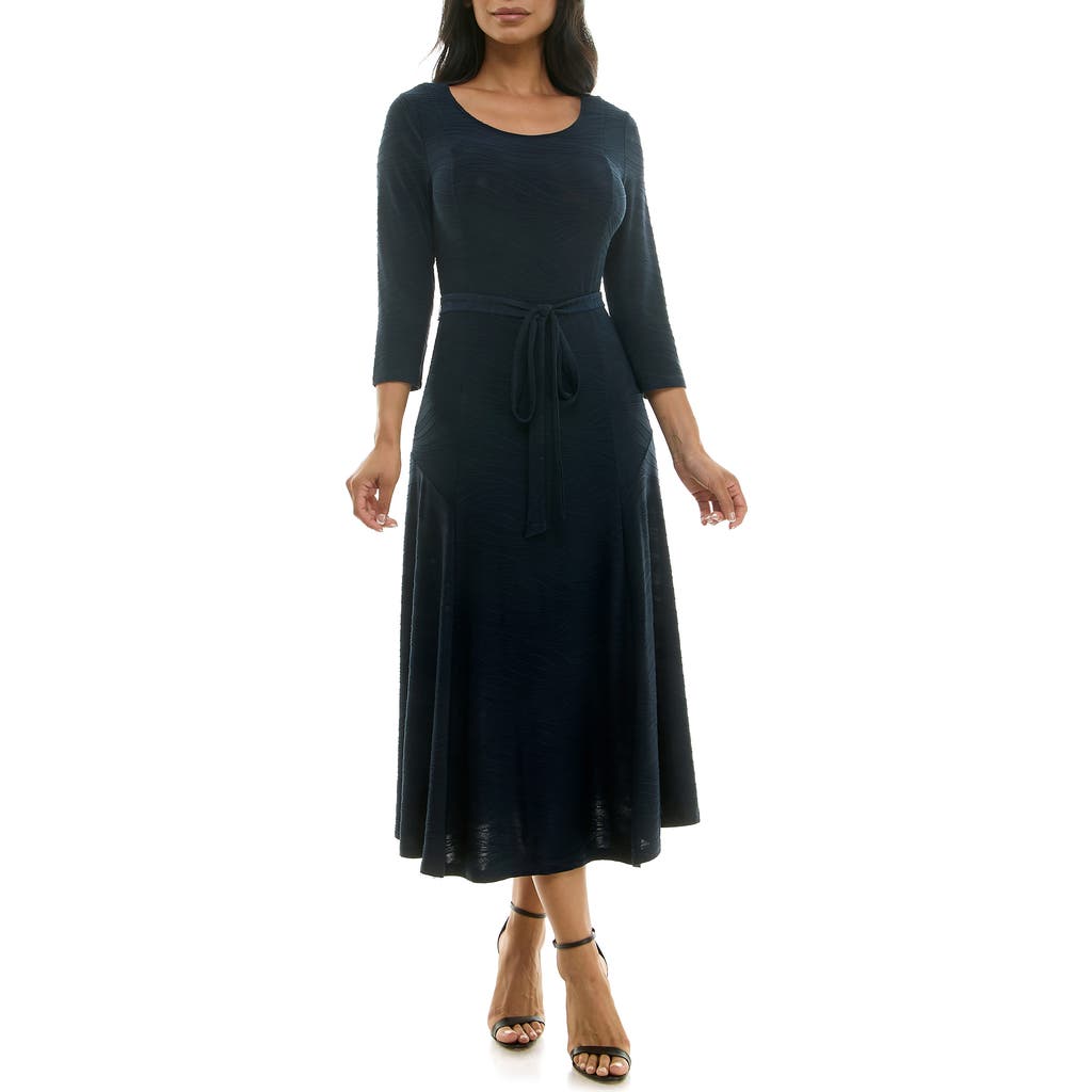 Nina Leonard Sylvia Tie Waist A-line Midi Dress In Navy Stitched