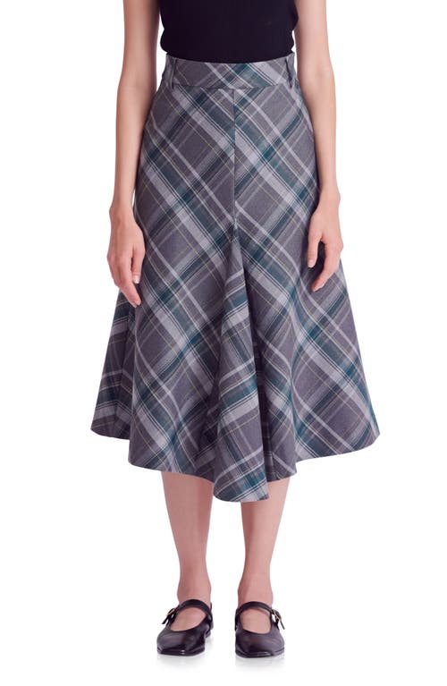 Plaid A-Line Midi Skirt in Grey/Green