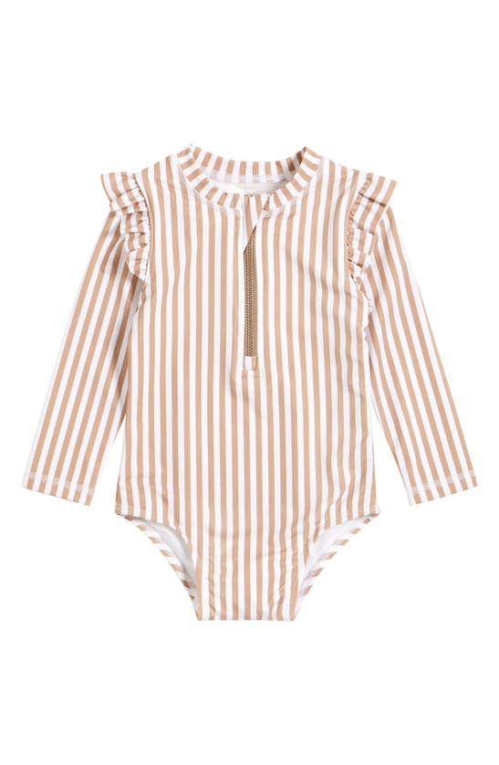 Shop Petit Lem Stripe Ruffle Long Sleeve One-piece Rashguard Swimsuit In Sand
