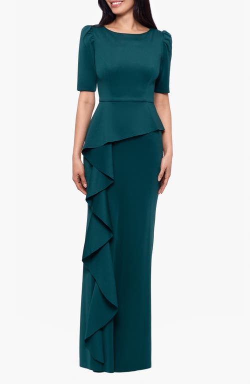 Xscape Evenings Ruffled Scuba Short Sleeve Gown Hunter at Nordstrom,