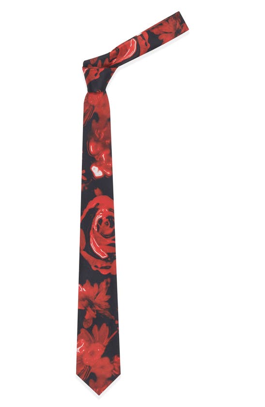 Shop Alexander Mcqueen Wax Rose Silk Tie In Black/ Red
